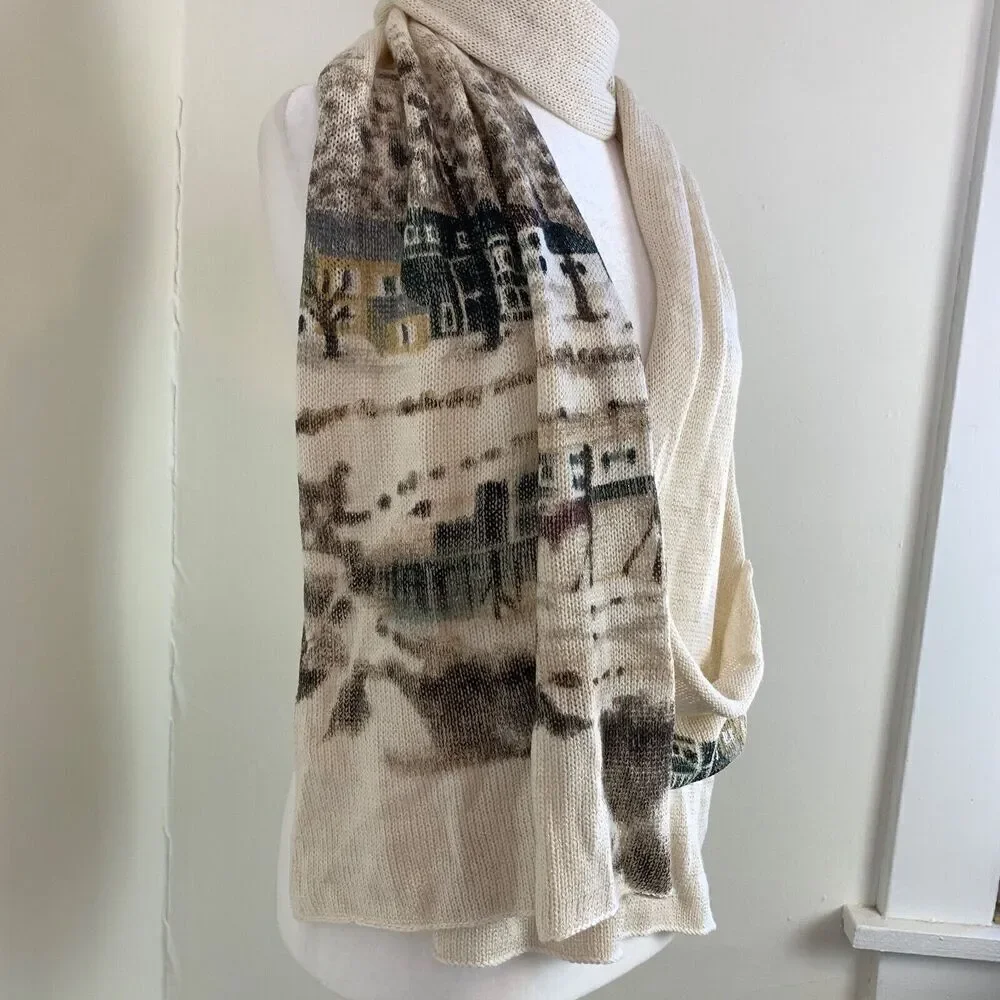 Anthropologie Hani Min Hand Painted Merino Wool Scarf Winter Visit Village Scene